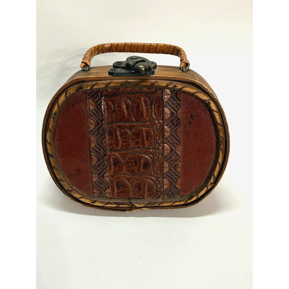Bamboo Wood Leather Purse Bag box  trinkets